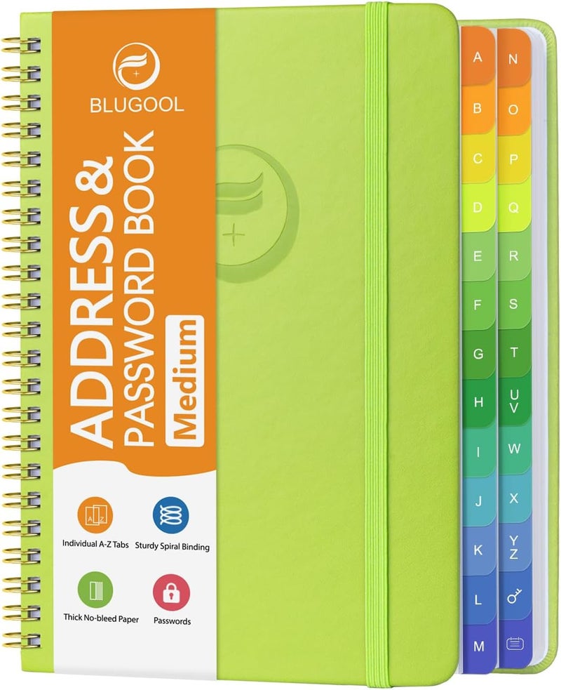 Blugool Address Book with Alphabetical Tabs-Address and Password Book for Seniors - Hardcover Spiral Bound Phone Book- Record Contacts,Website Login Passwords, Special Days -5.7" x 7.7", Grass Green - Image 1